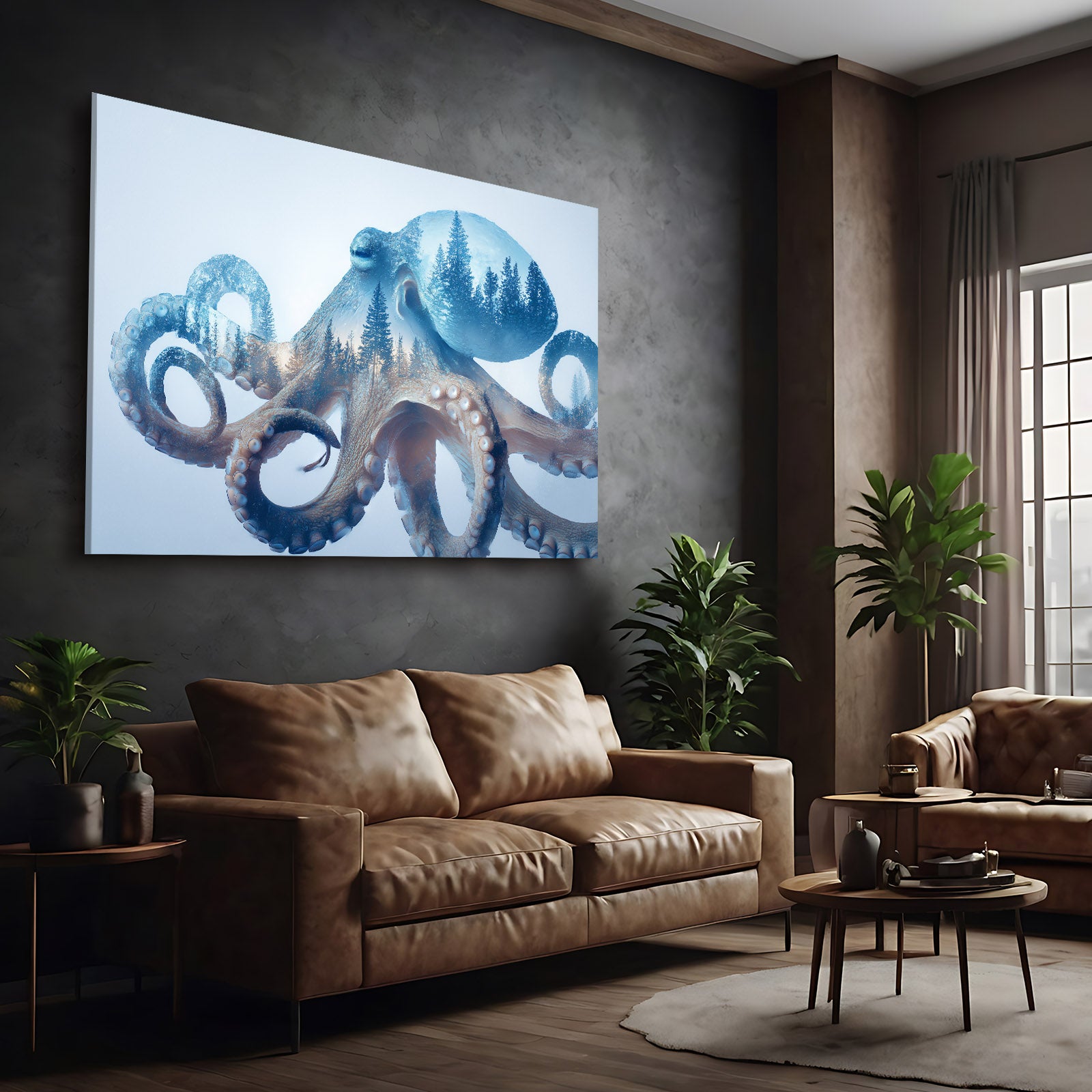 Forest Double Exposure Octopus Canvas Art – styled in a furnished interior