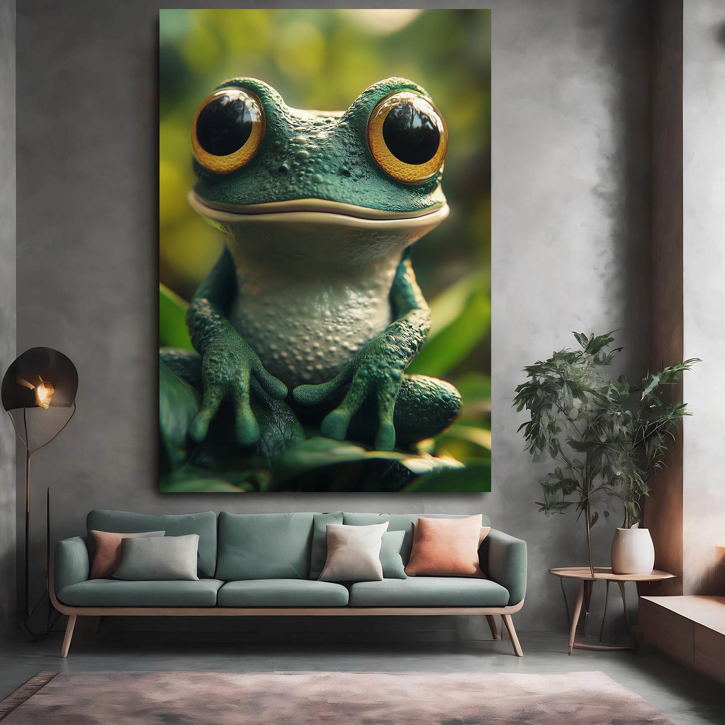 Forest Emerald Gaze Frog Art – styled in a furnished interior