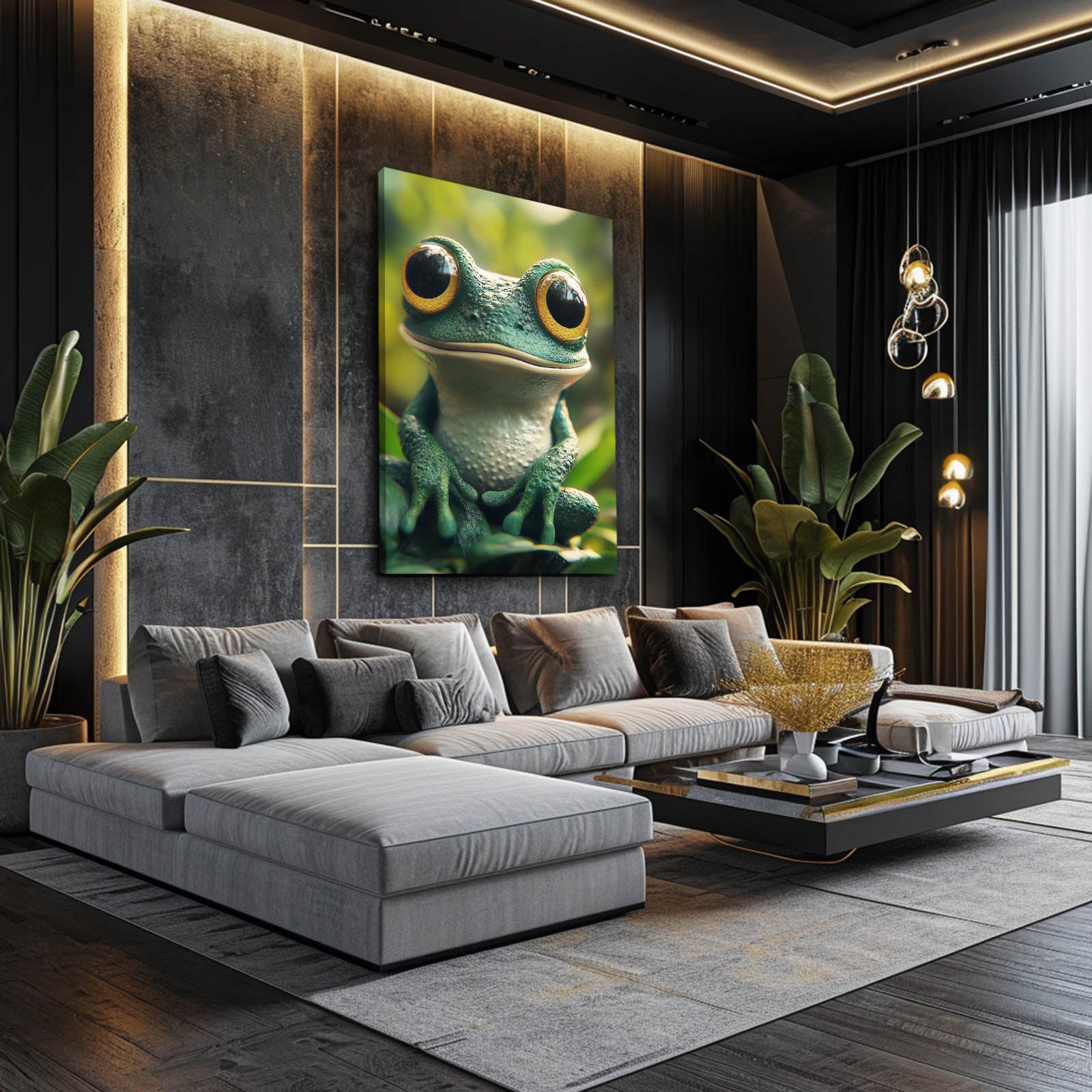 Forest Emerald Gaze Frog Art – styled in a furnished interior