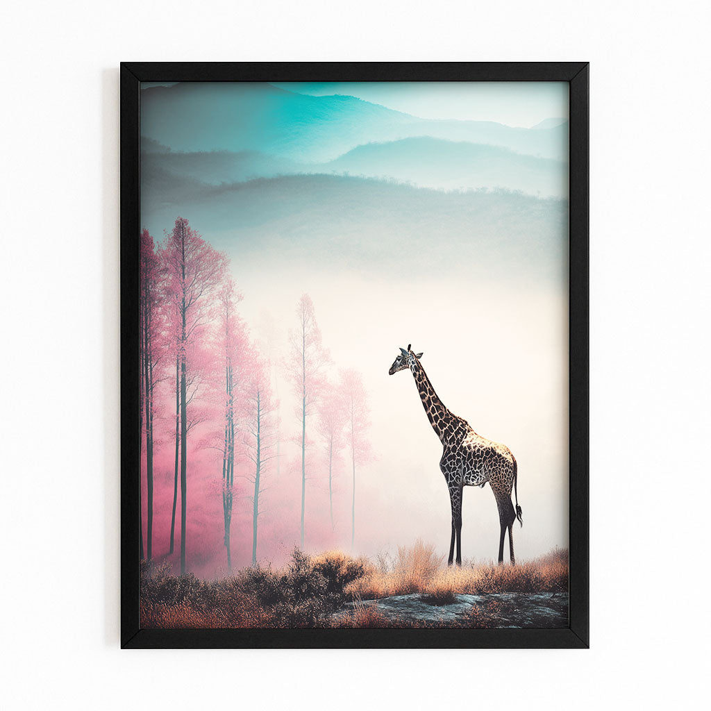 Framed artwork of a giraffe in a forest with pink trees and a mountainous background.