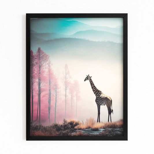 Framed artwork of a giraffe in a forest with pink trees and a mountainous background.
