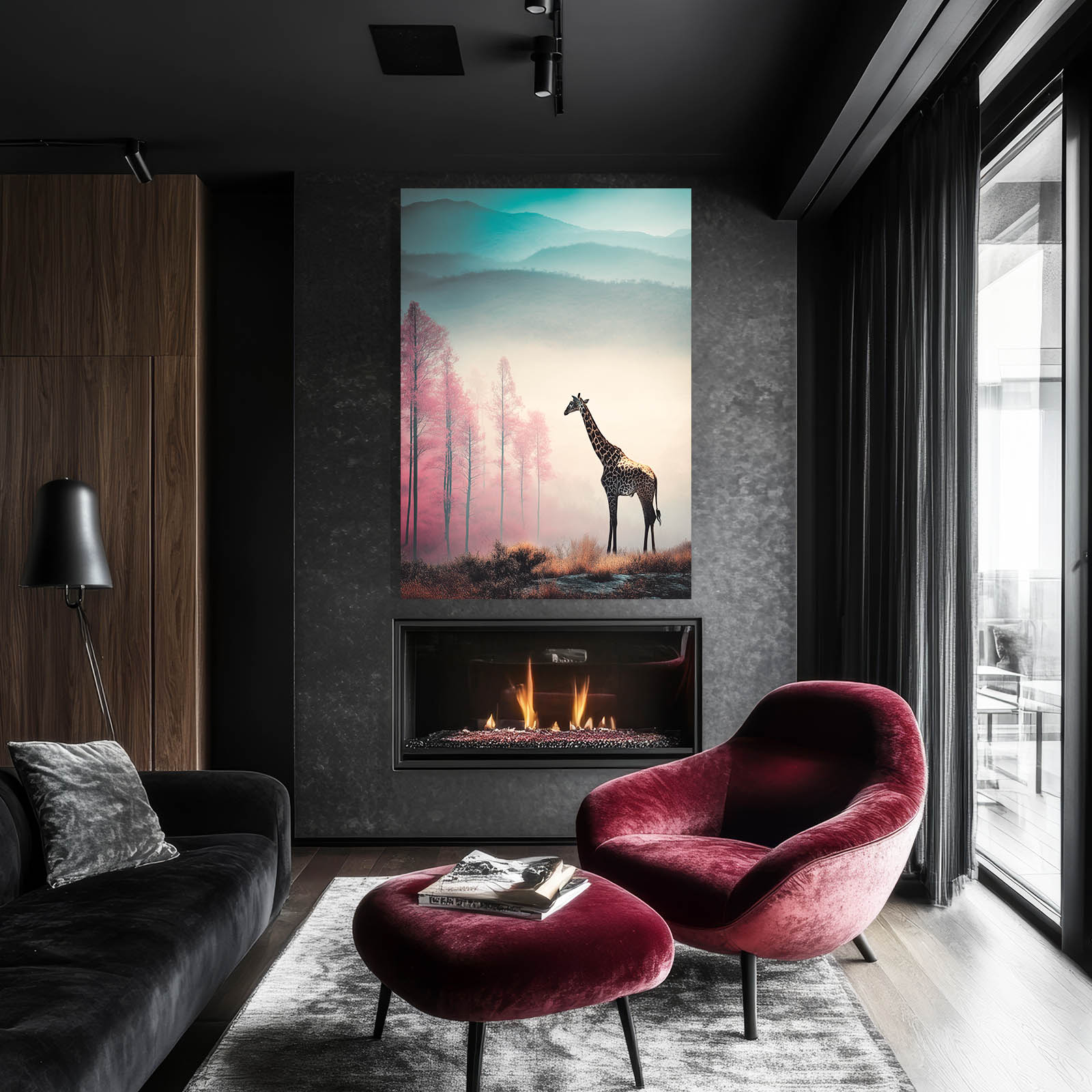 Modern living room with a giraffe painting above a fireplace, red armchair, and gray sofa.