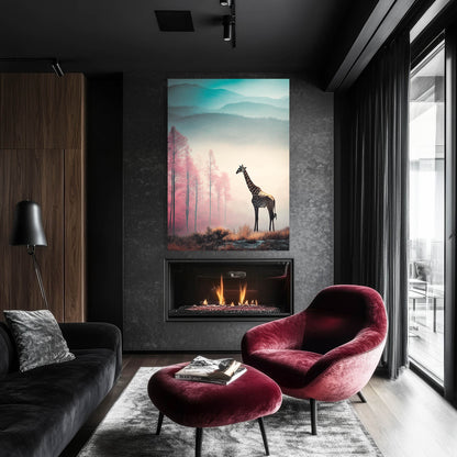 Modern living room with a giraffe painting above a fireplace, red armchair, and gray sofa.