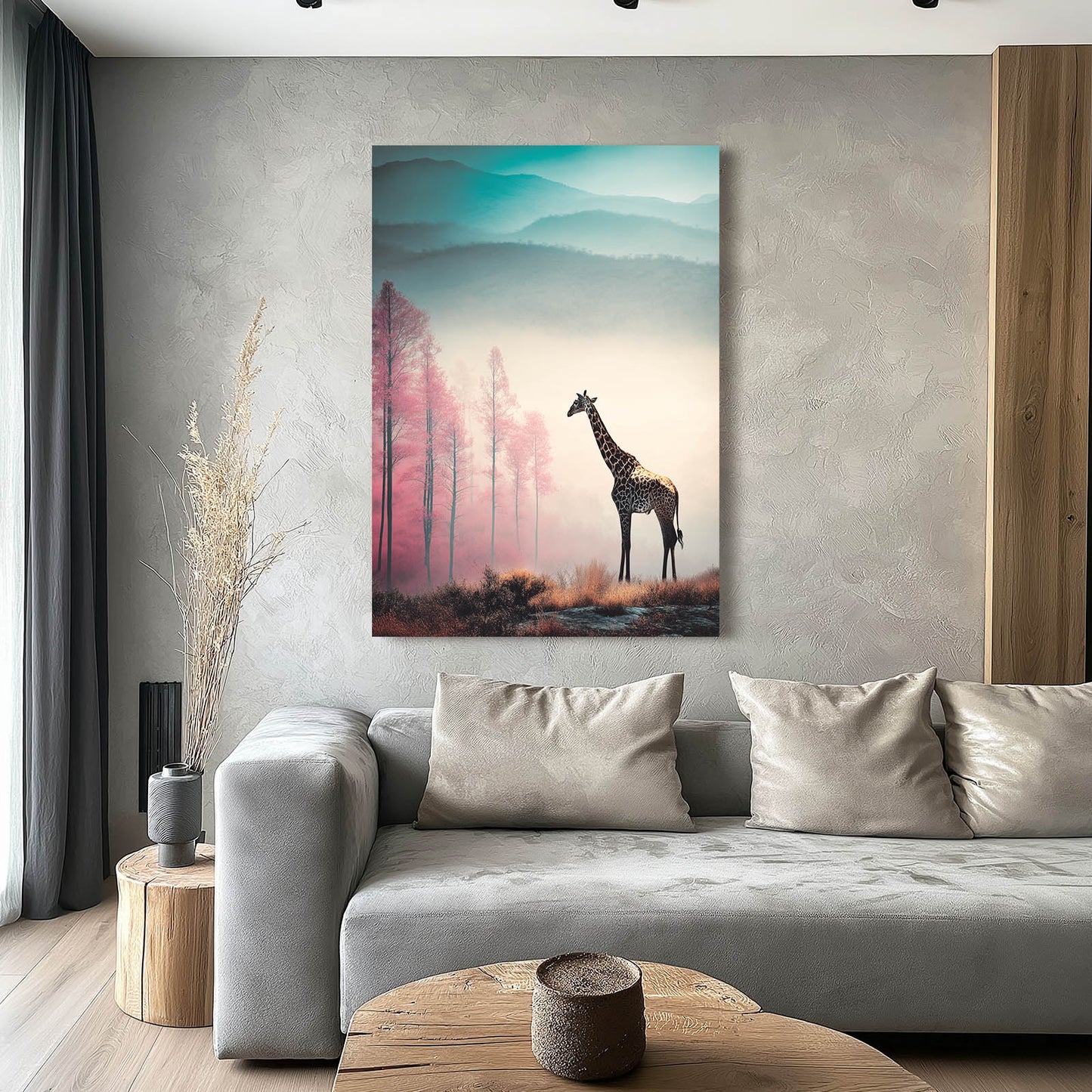 Living room with a gray sofa, wooden coffee table, and a painting of a giraffe on the wall.