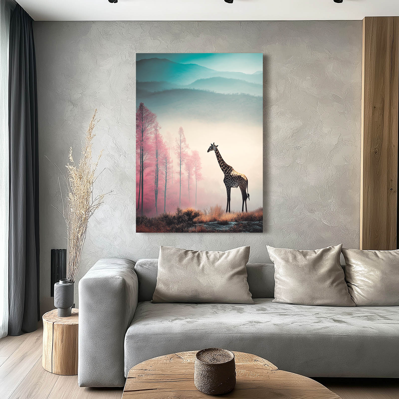 Living room with a gray sofa, wooden coffee table, and a painting of a giraffe on the wall.