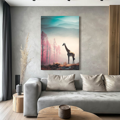 Living room with a gray sofa, wooden coffee table, and a painting of a giraffe on the wall.