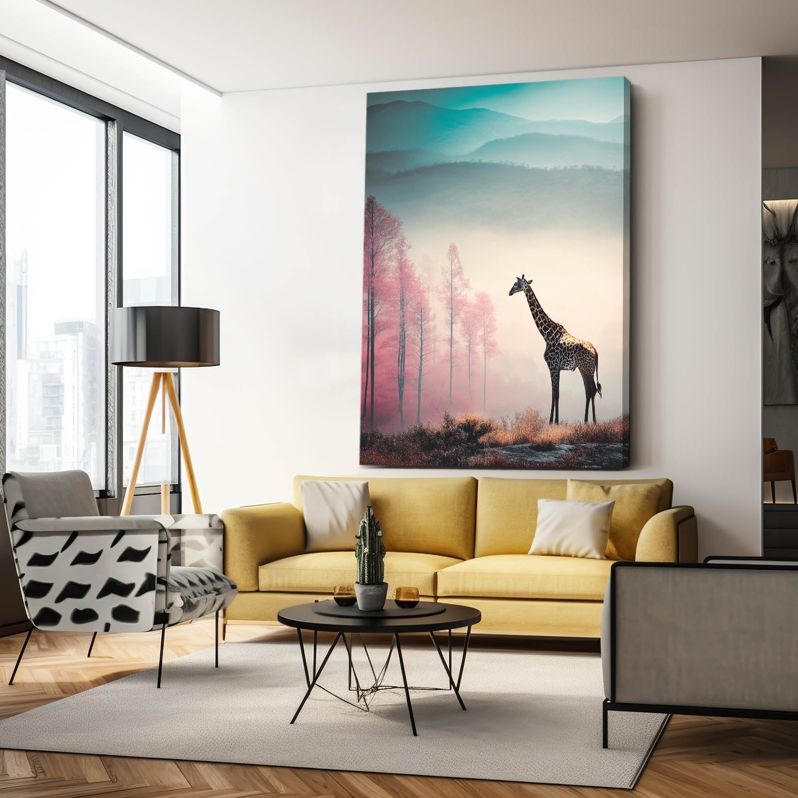 Modern living room with a yellow sofa, armchair, and a large painting of a giraffe on the wall.