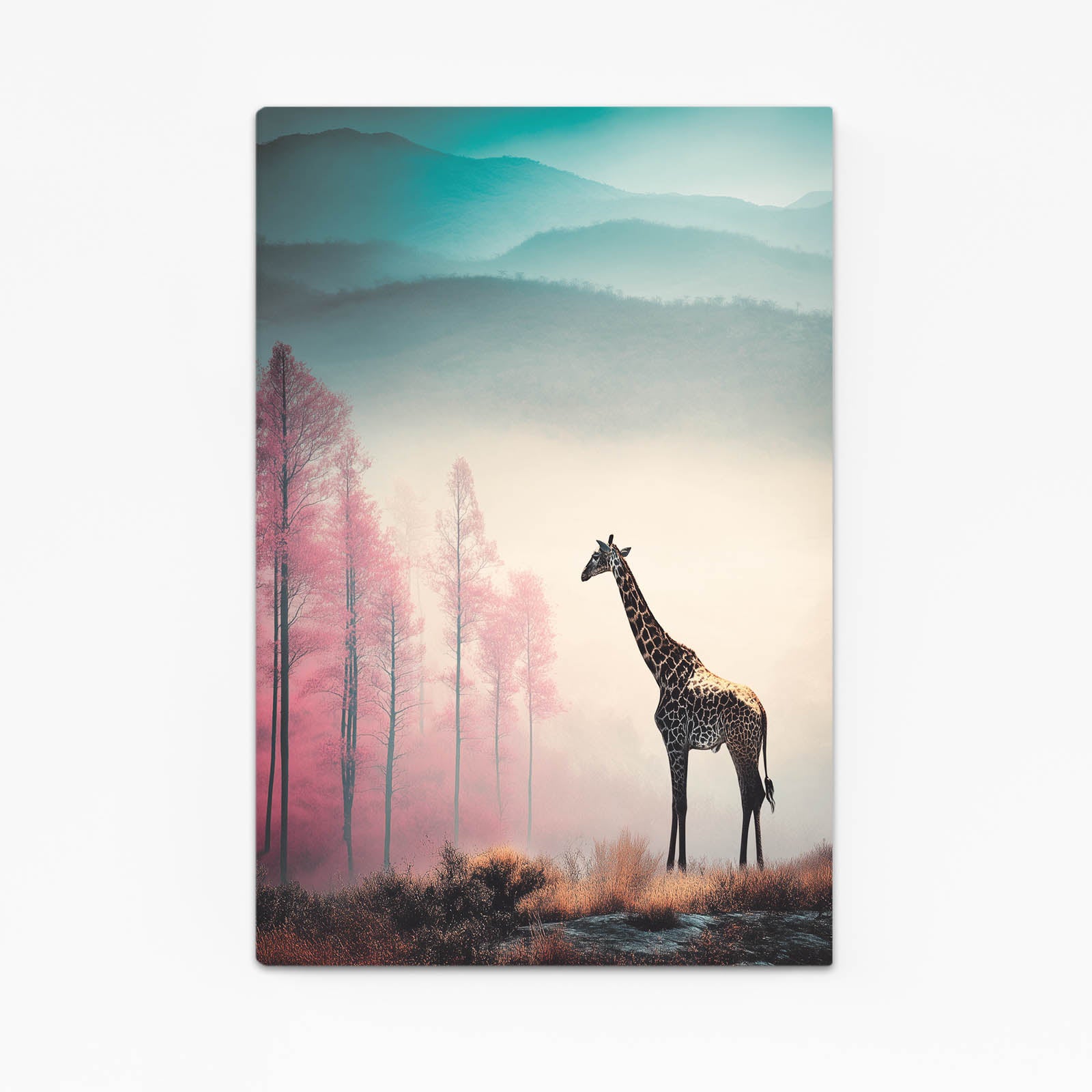 Giraffe standing in a scenic landscape with trees and mountains.