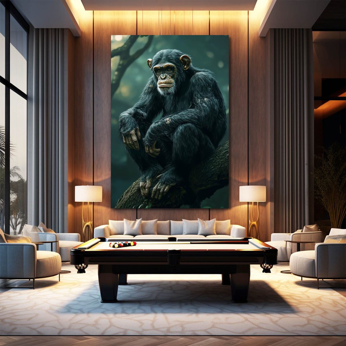 Forest Perch Shadow Monkey Wall Art — realism canvas print, styled in a furnished interior