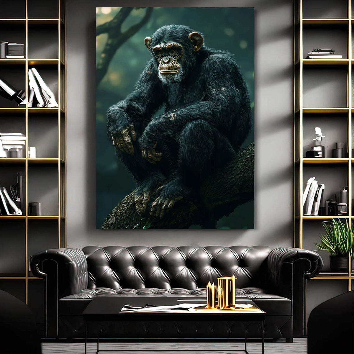 Forest Perch Shadow Monkey Wall Art — realism canvas print, styled in a furnished interior
