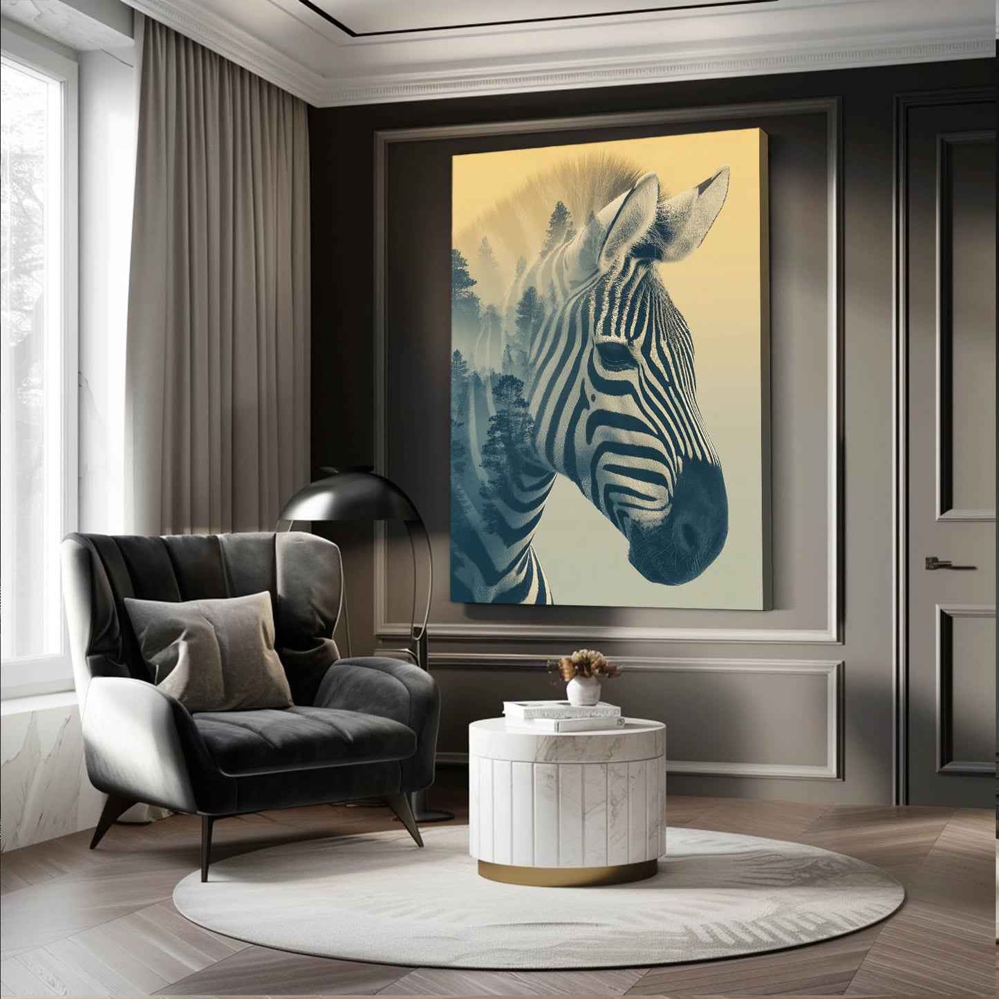 Forest Zebra Artwork – styled in a furnished interior