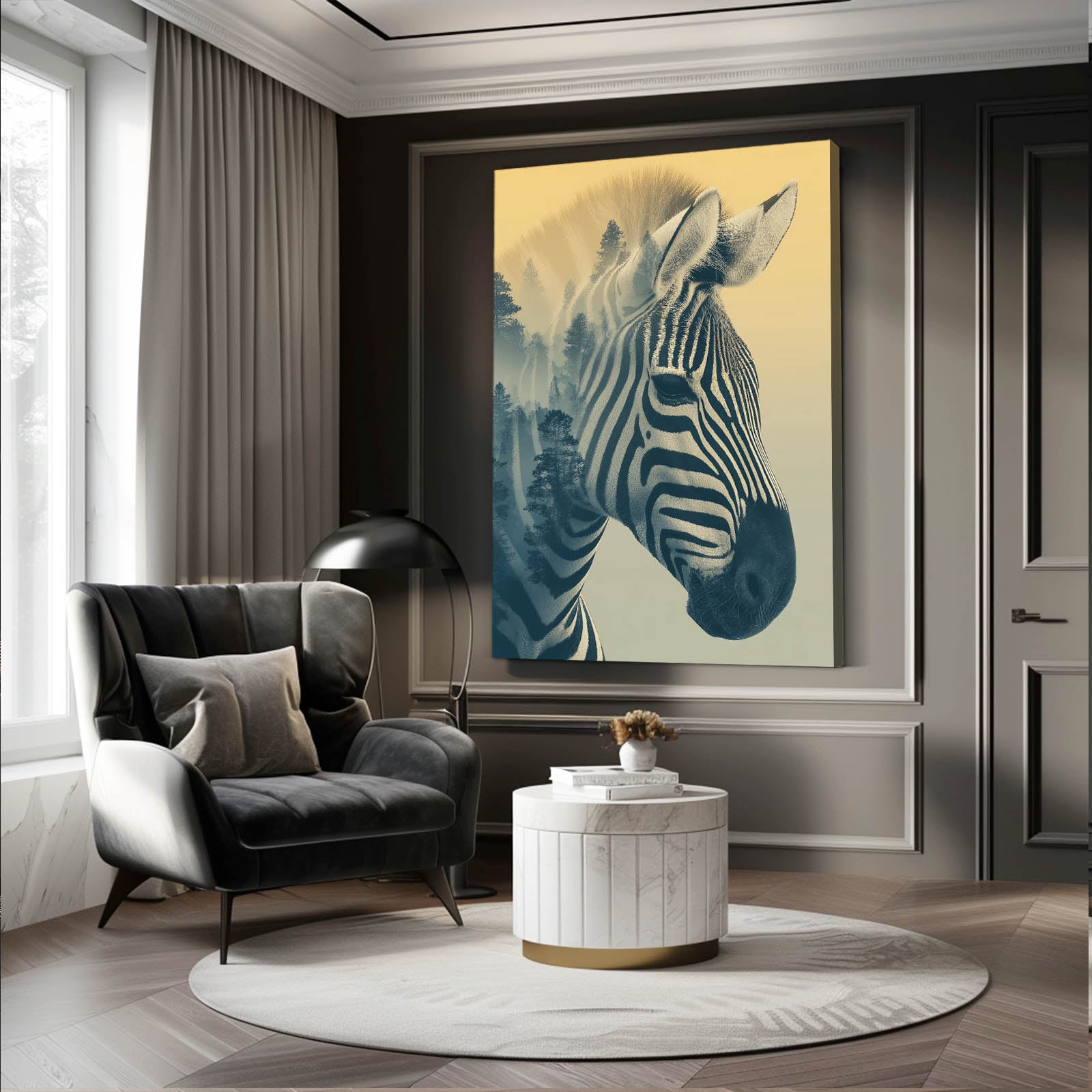 Forest Zebra Artwork – styled in a furnished interior
