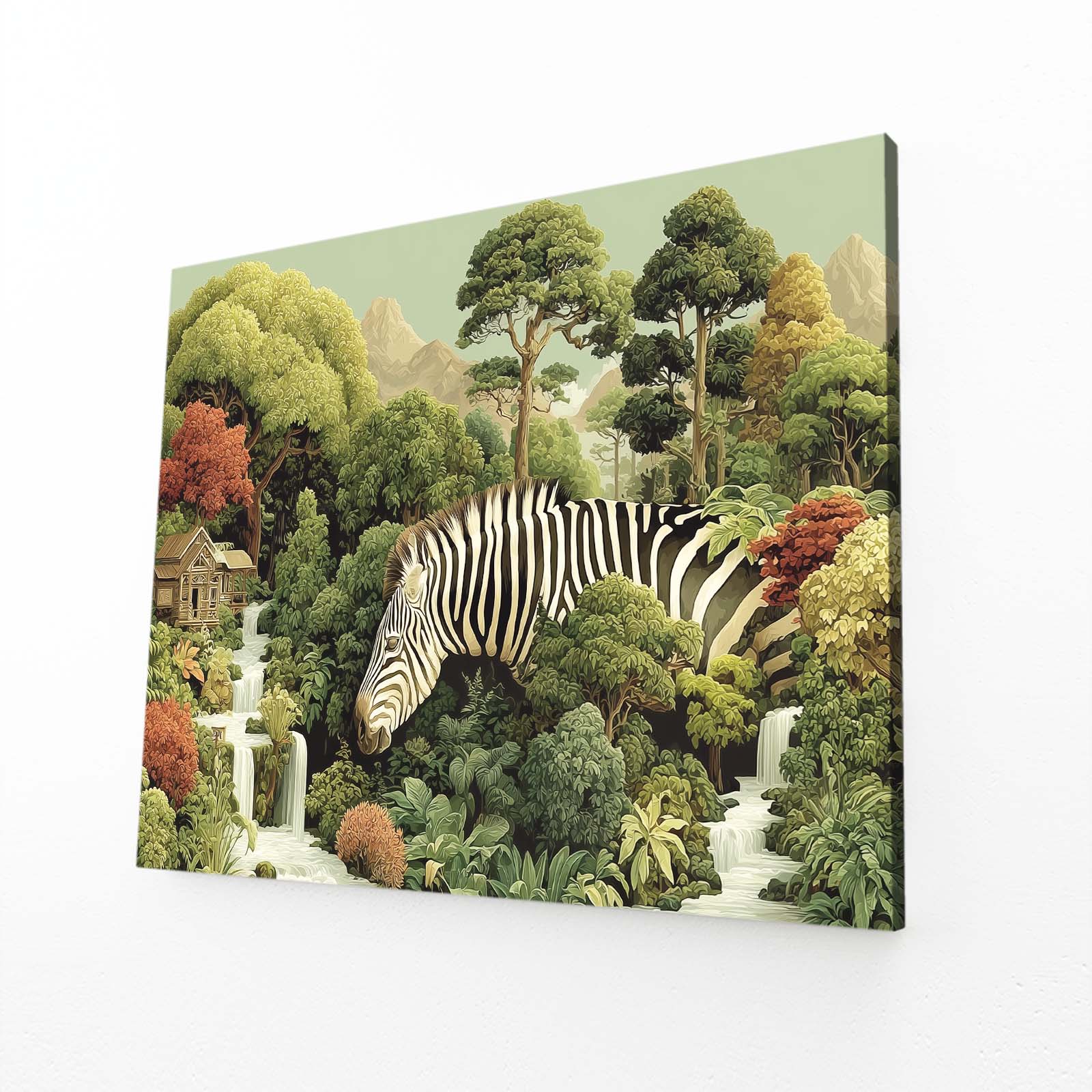 Forest Zebra Wall Art – angled canvas view on white background