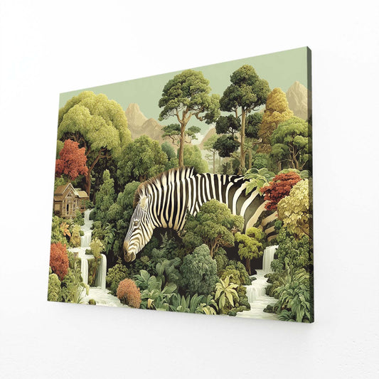 Forest Zebra Wall Art – angled canvas view on white background