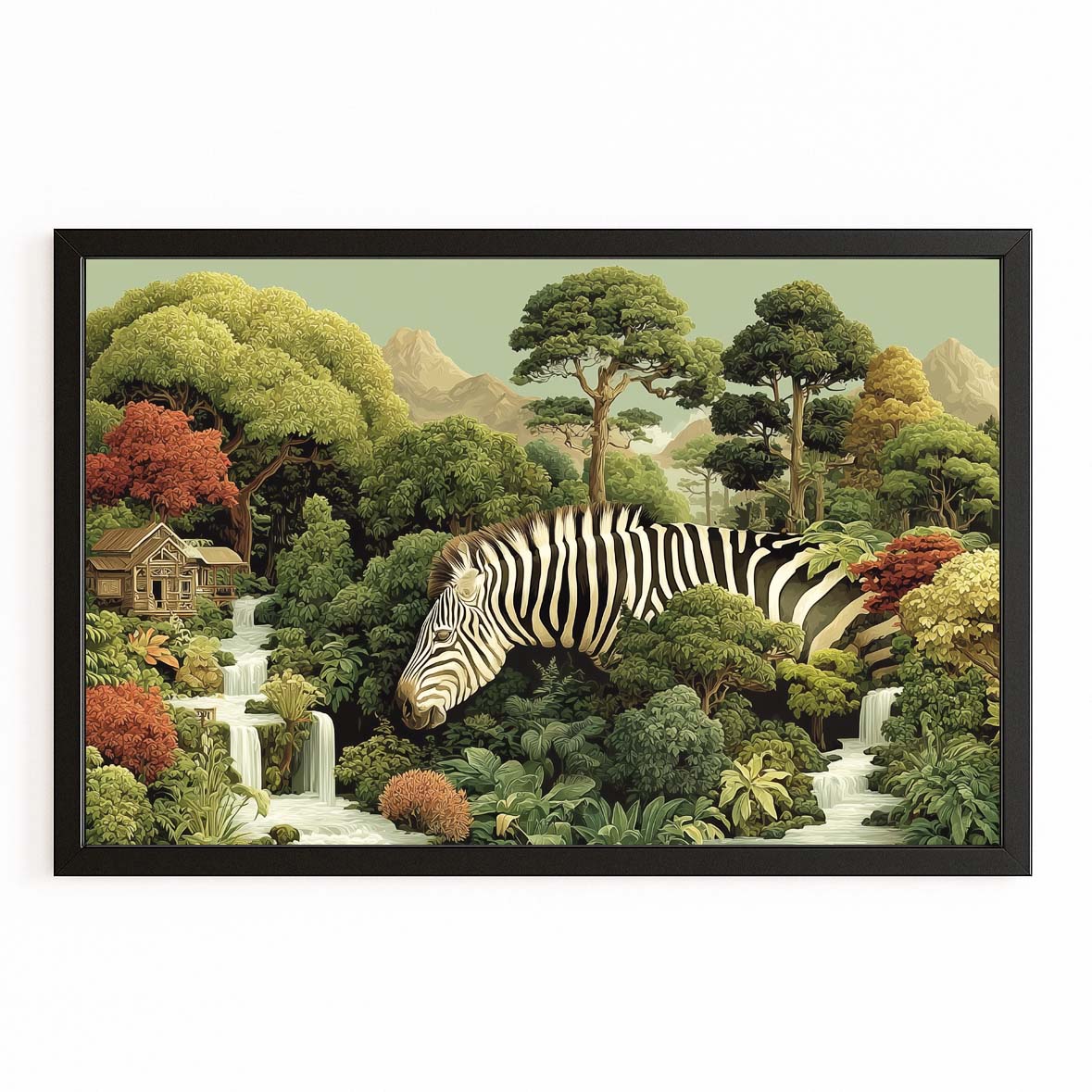 Forest Zebra Wall Art – with Premium Black frame on white background
