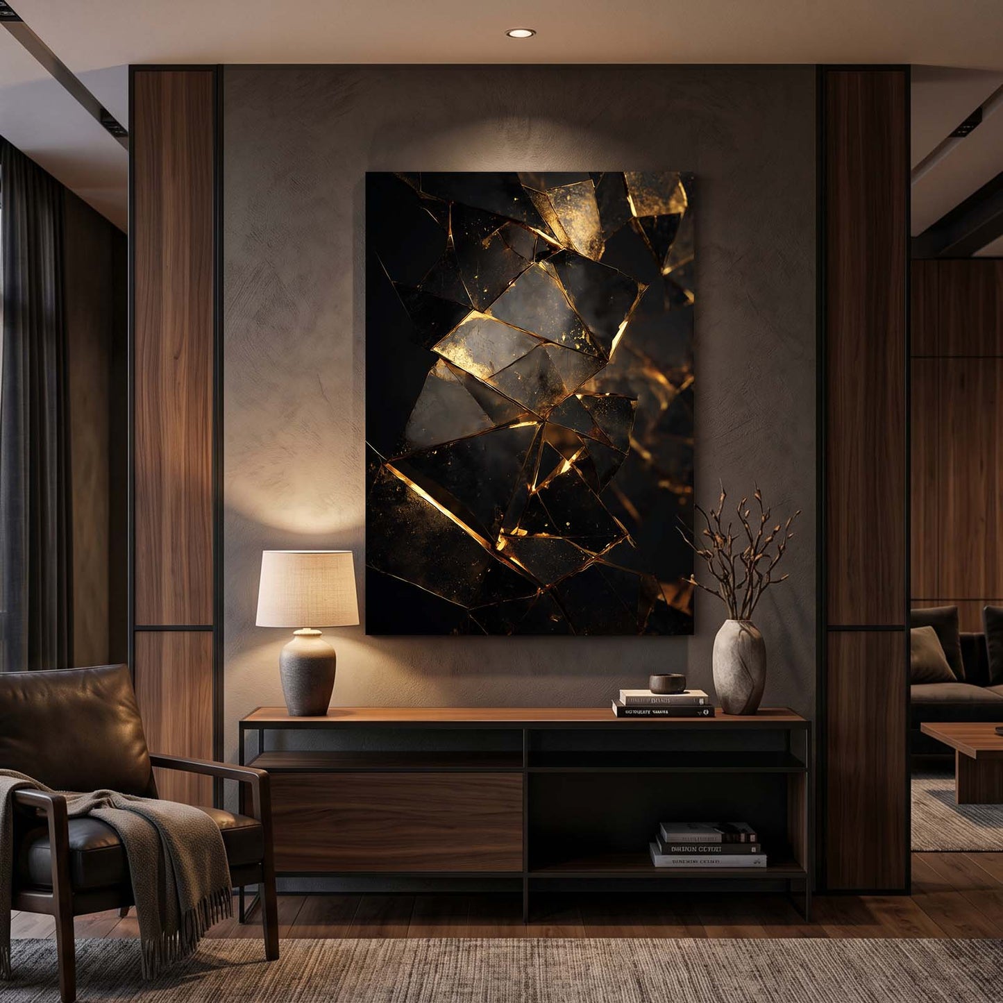 Fractured Gold Stone Prints – styled in a furnished interior