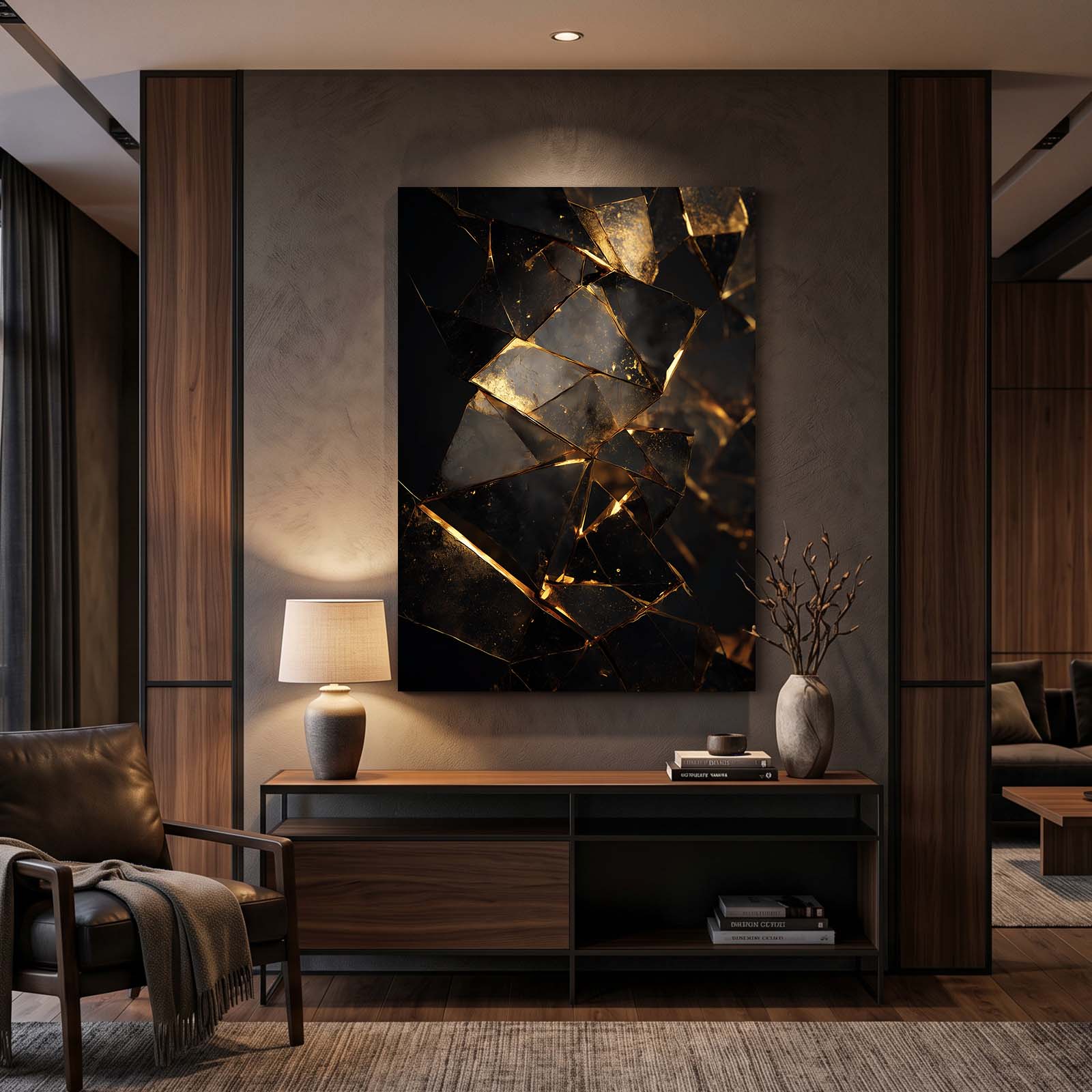 Fractured Gold Stone Prints – styled in a furnished interior