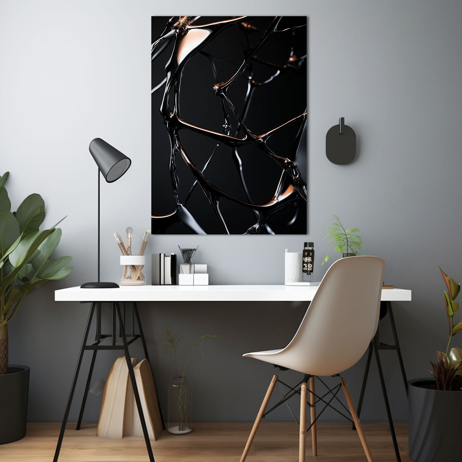 Fractured Gold Web Abstract Canvas – styled in a furnished interior