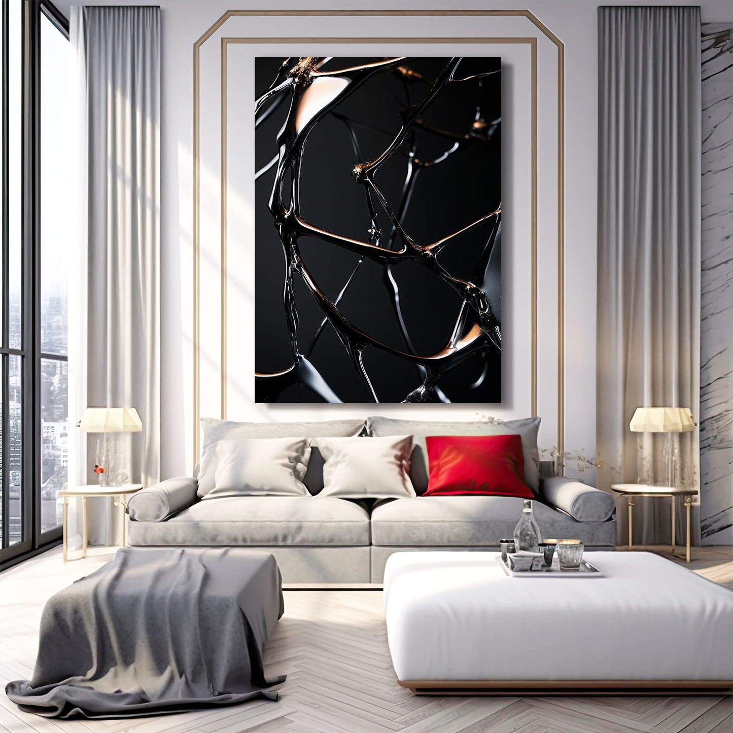 Fractured Gold Web Abstract Canvas – styled in a furnished interior