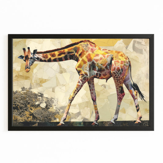 Framed artwork of a colorful giraffe on a textured background