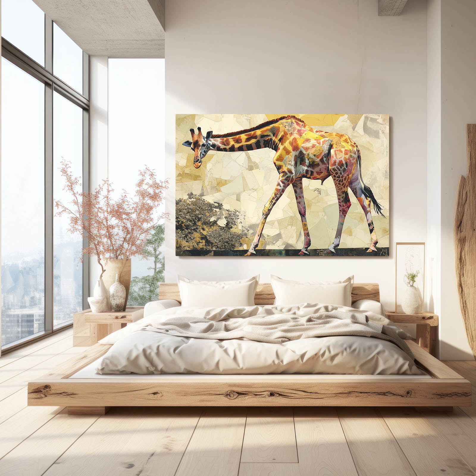 Modern bedroom with a large giraffe painting on the wall