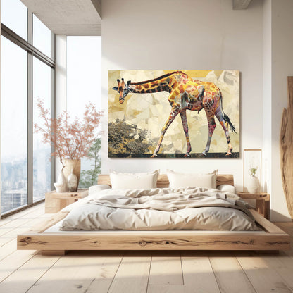 Modern bedroom with a large giraffe painting on the wall