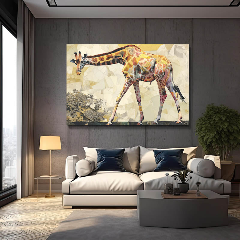 Modern living room with a sofa, coffee table, and a large abstract painting of giraffes on the wall.