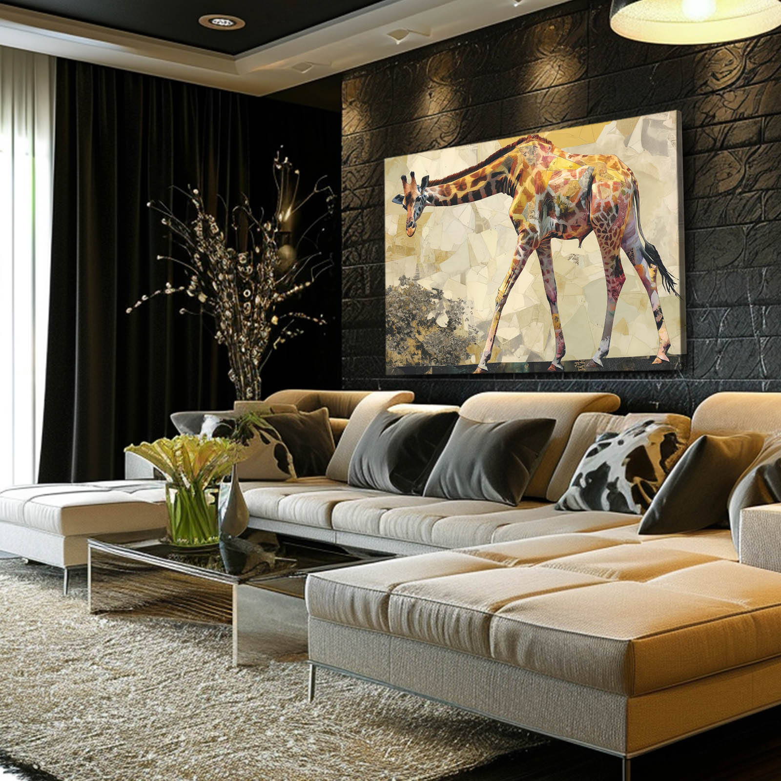 Modern living room with a large sectional sofa, coffee table, and decorative wall art of a giraffe.