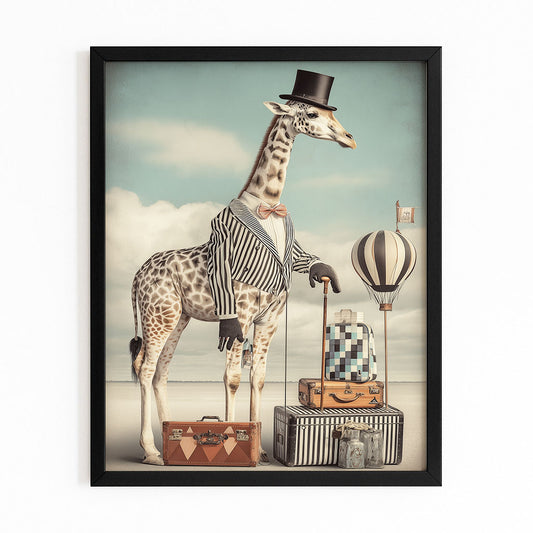 Framed artwork of a giraffe wearing a top hat with suitcases and a hot air balloon in the background.