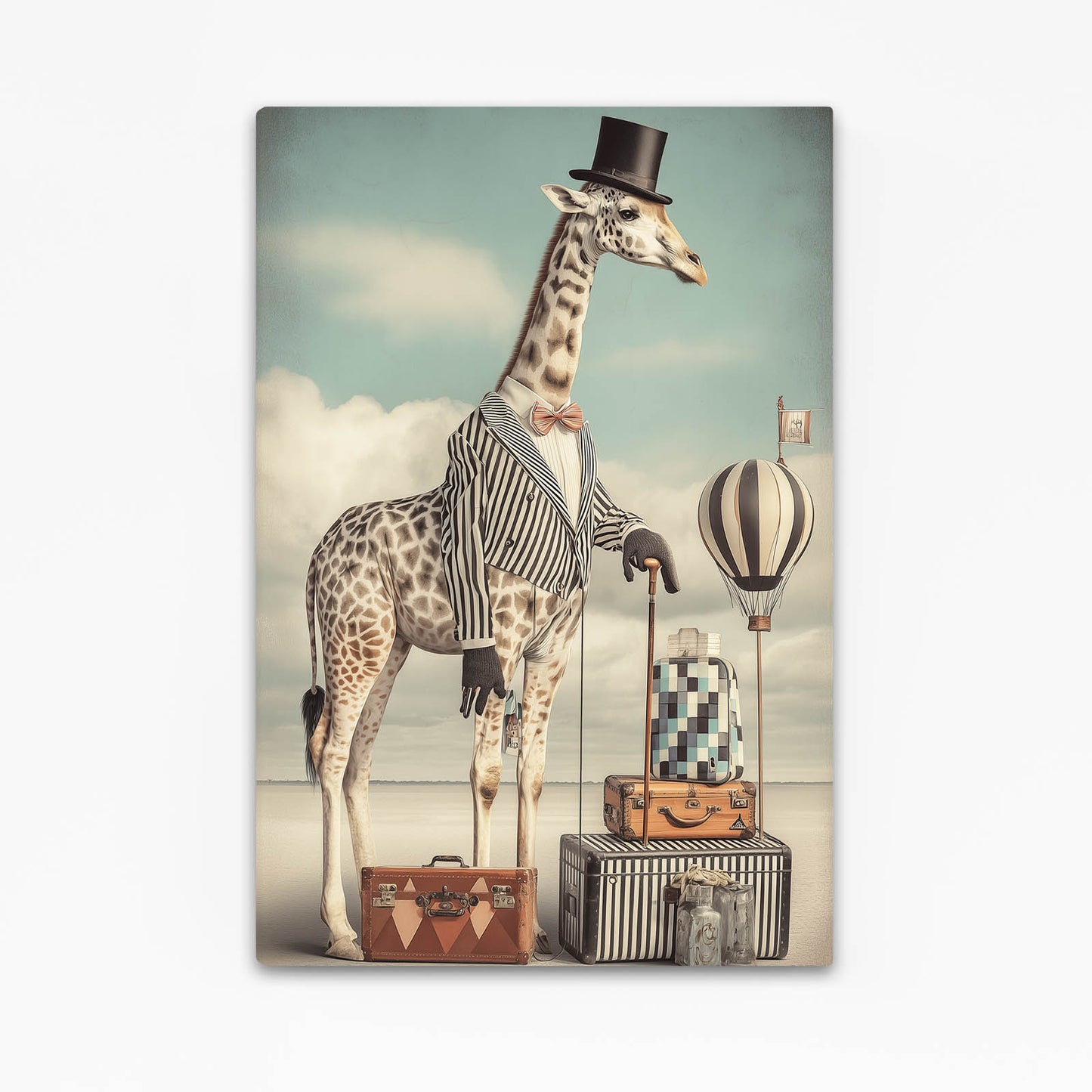 Giraffe in a suit with luggage and a hot air balloon in the background