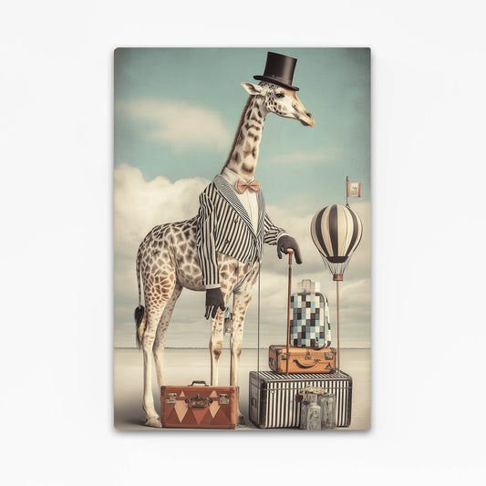 Giraffe in a suit with luggage and a hot air balloon in the background