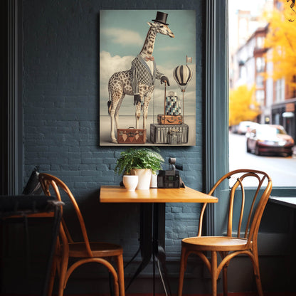 Giraffe with a suitcase and top hat on a wall in a cafe setting