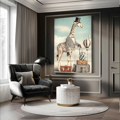 Modern living room with a stylish armchair, round coffee table, and framed artwork of a giraffe.