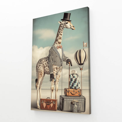 Giraffe in a suit with luggage and a hot air balloon in the background