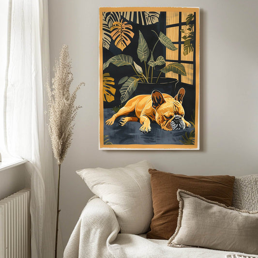 Frenchie Dog Artwork — botanical canvas print in orange tones, view 3