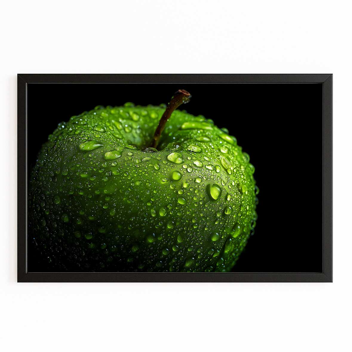 Fresh Green Droplets Apple Prints – with Premium Black frame on white background