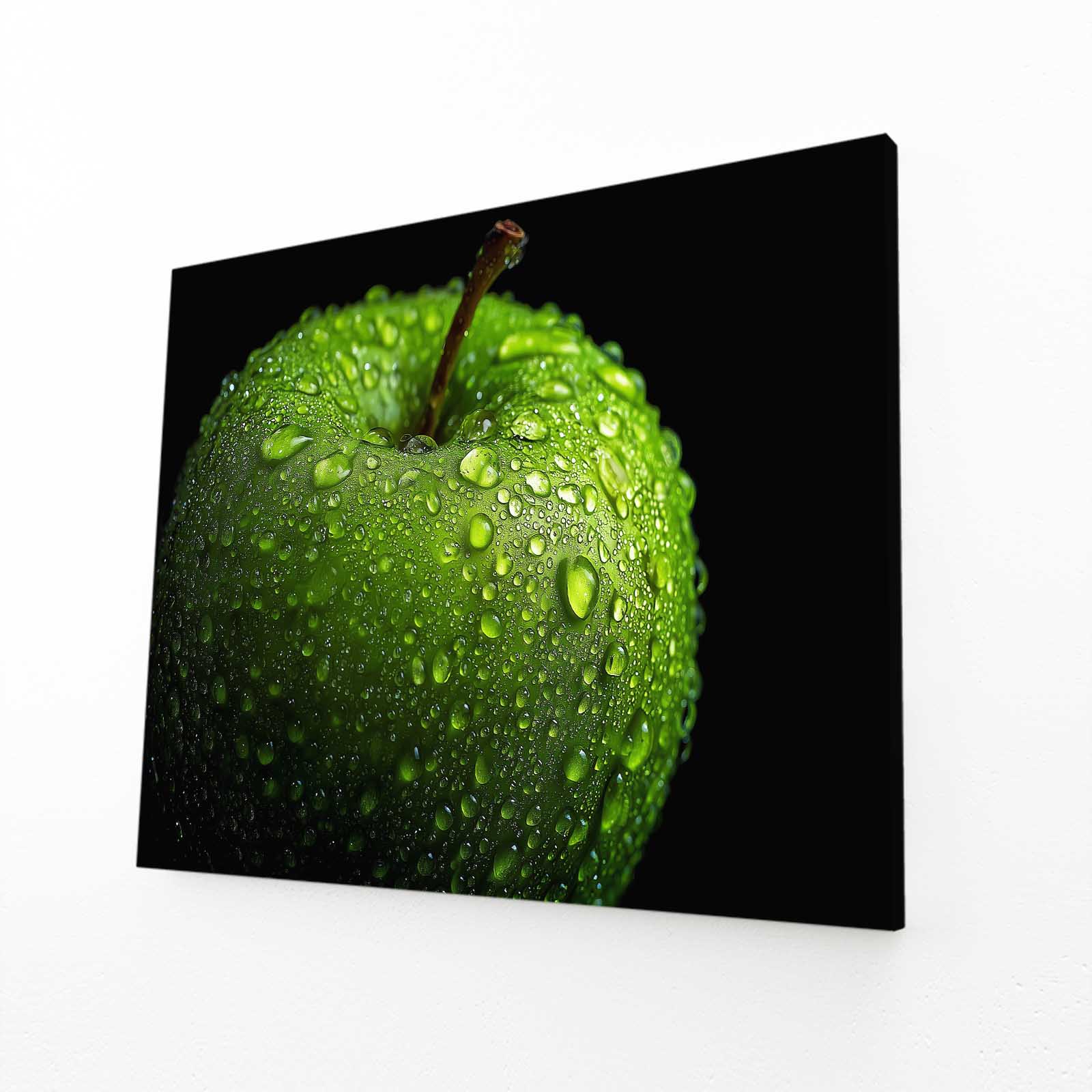 Fresh Green Droplets Apple Prints – angled canvas view on white background