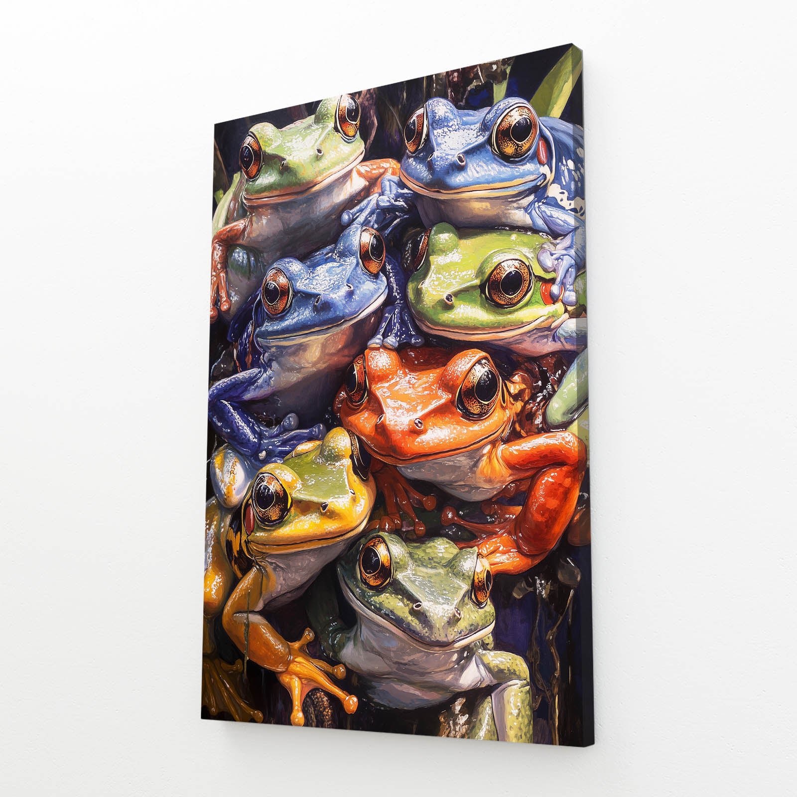 Frog Pile Party Art – angled canvas view on white background