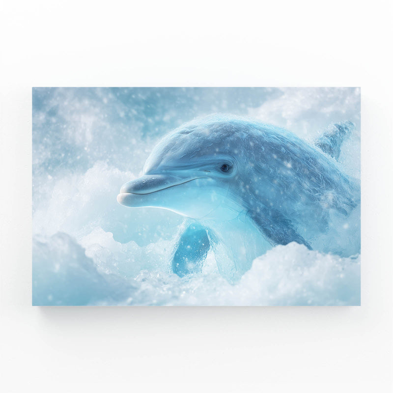 Frost Cloud Dolphin Art – ice-blue dolphin swimming through frosty snow-soft clouds