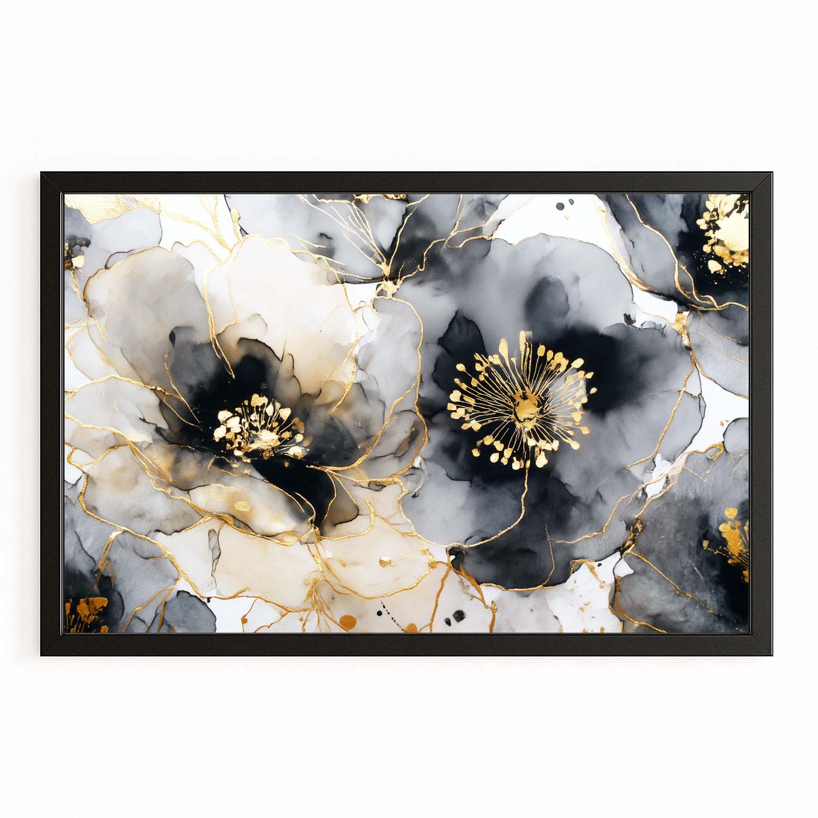 Frosted Ink Blooms Gold Canvas – with Premium Black frame on white background