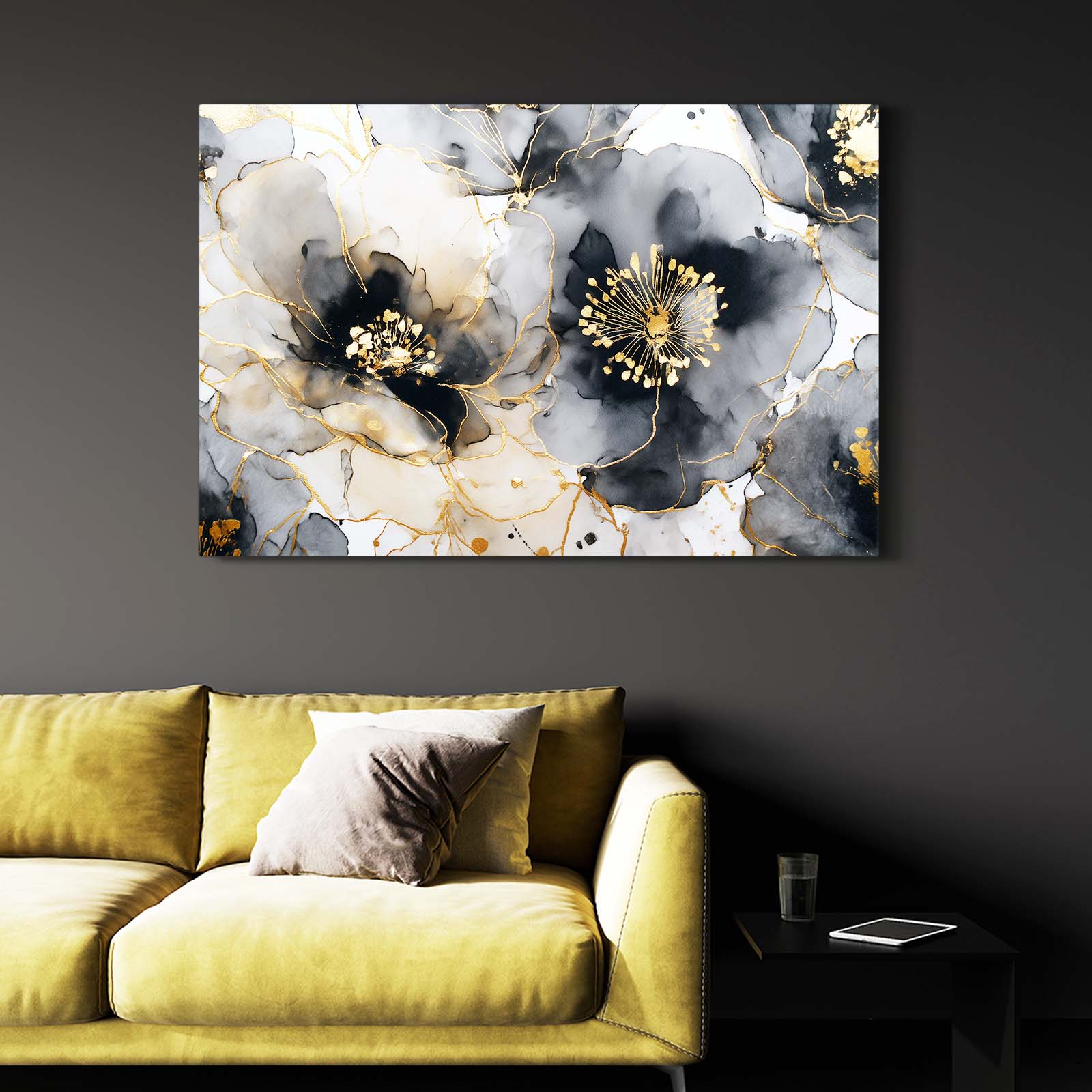 Frosted Ink Blooms Gold Canvas – styled in a furnished interior