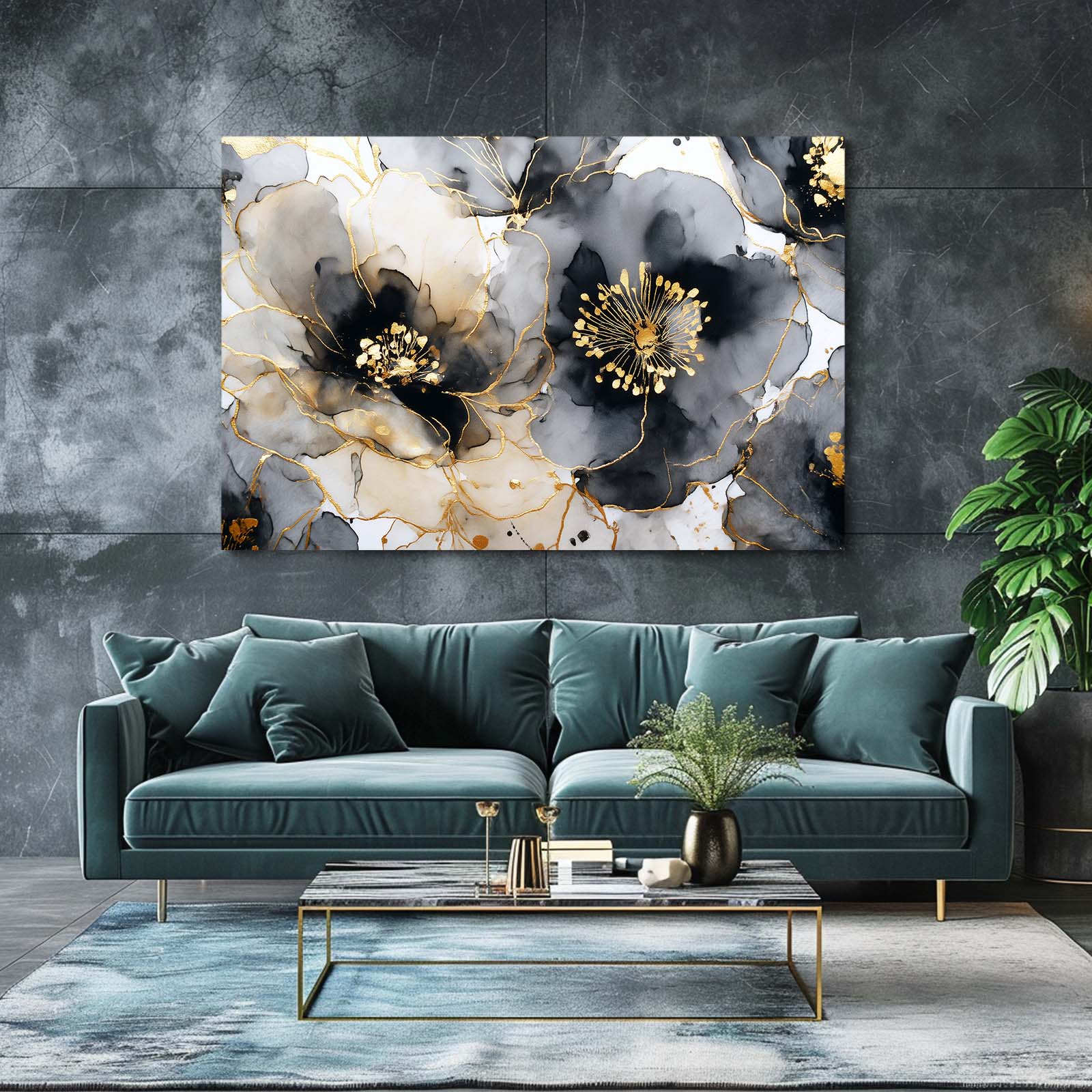 Frosted Ink Blooms Gold Canvas – styled in a furnished interior