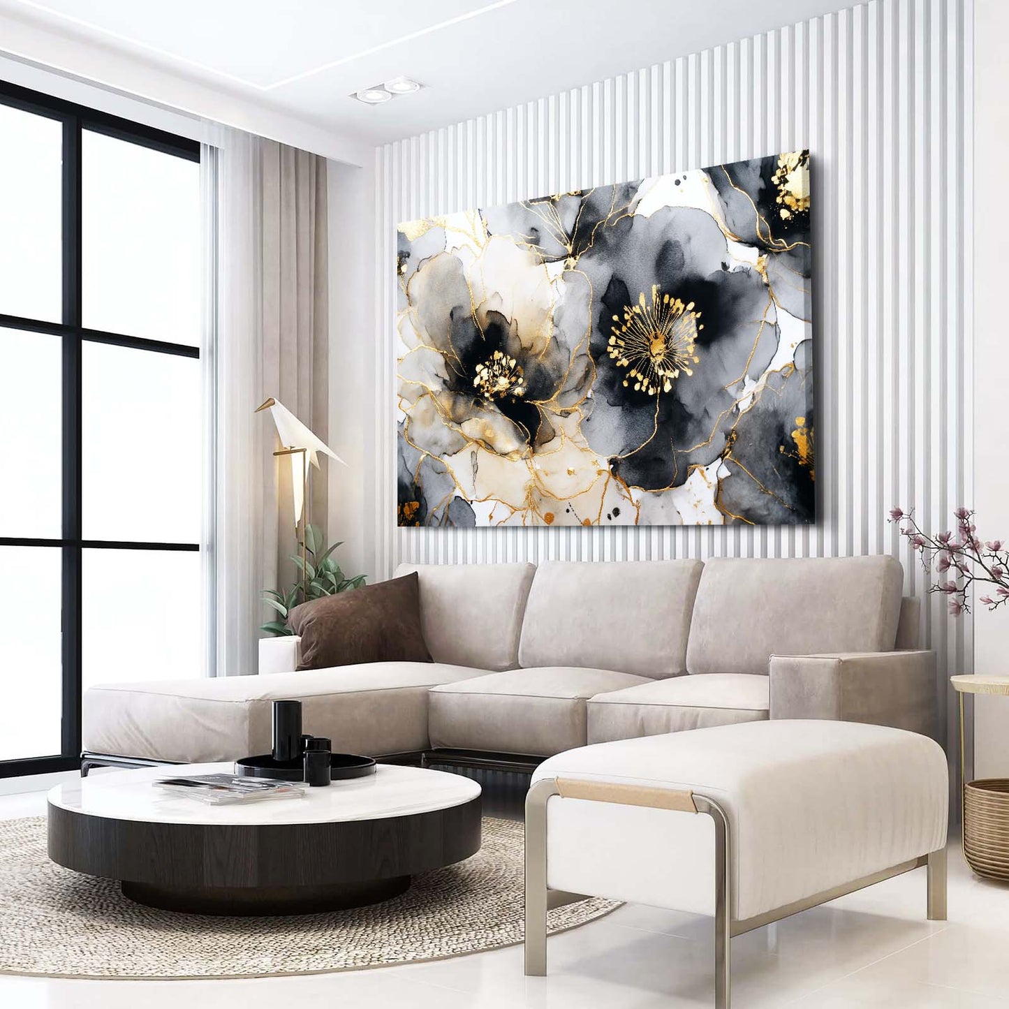 Frosted Ink Blooms Gold Canvas – styled in a furnished interior