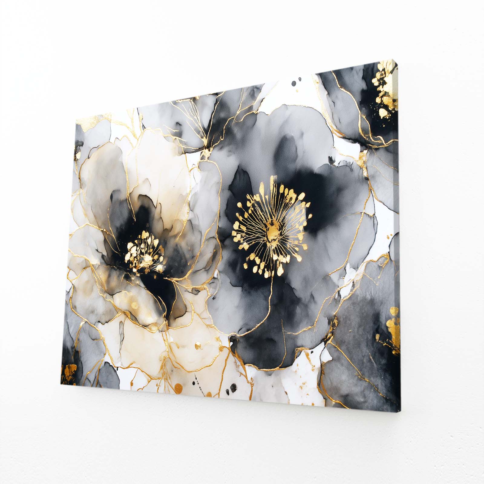 Frosted Ink Blooms Gold Canvas – angled canvas view on white background
