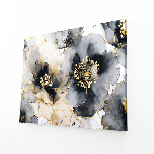 Frosted Ink Blooms Gold Canvas – angled canvas view on white background