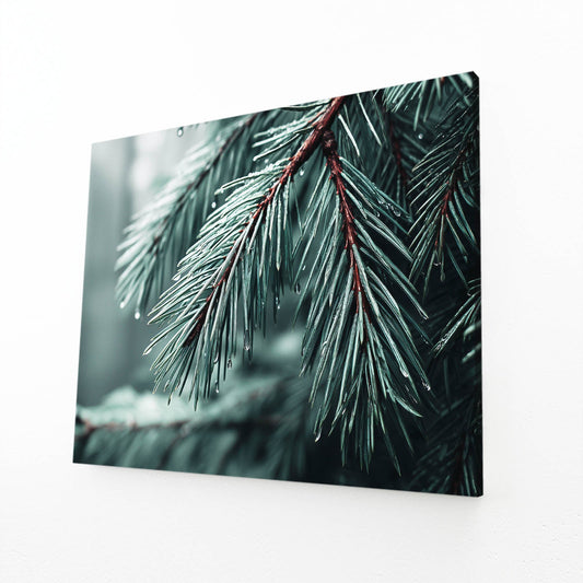 Frosted Pine Tree Photography Wall Decor – angled canvas view on white background