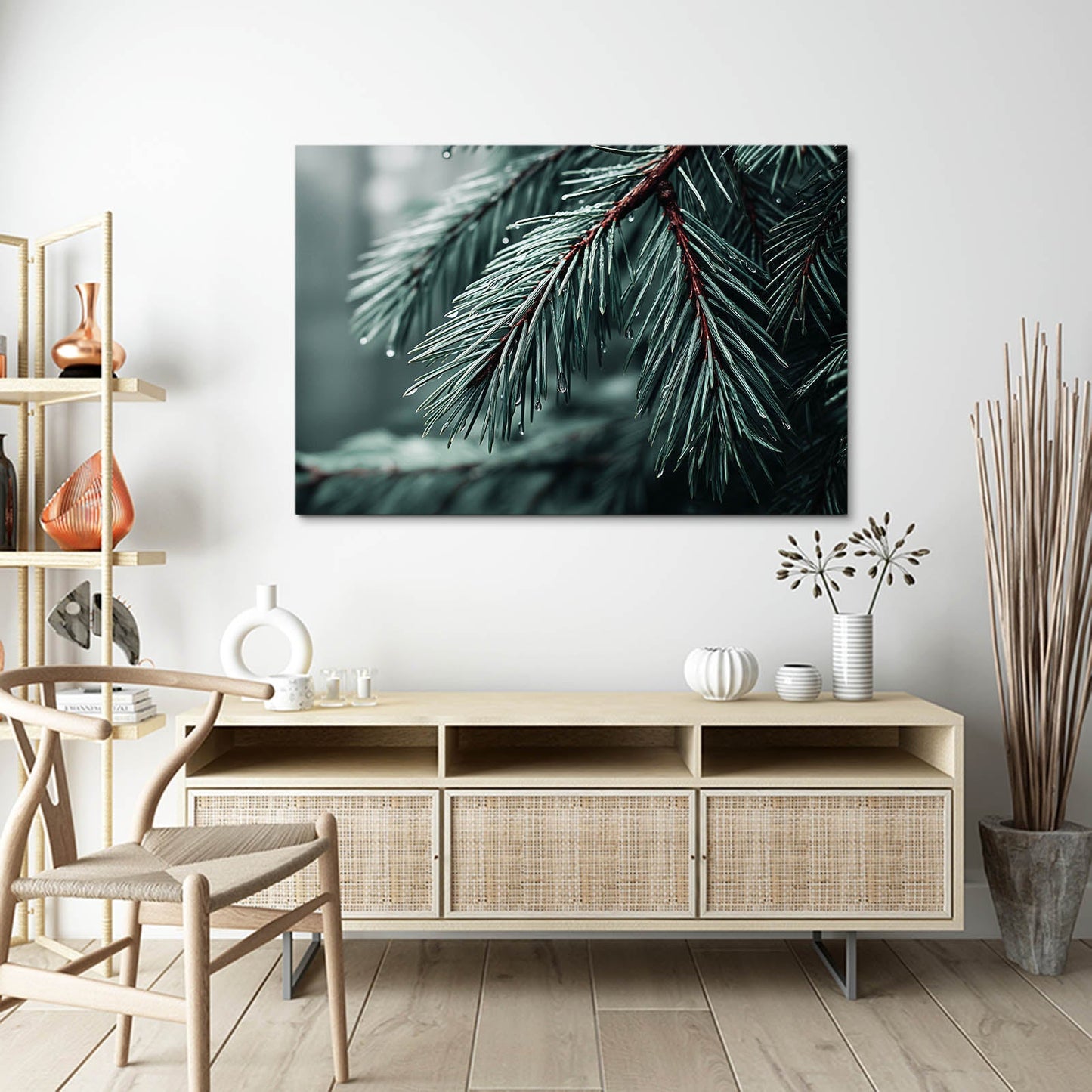 Frosted Pine Tree Photography Wall Decor – above a light wood console