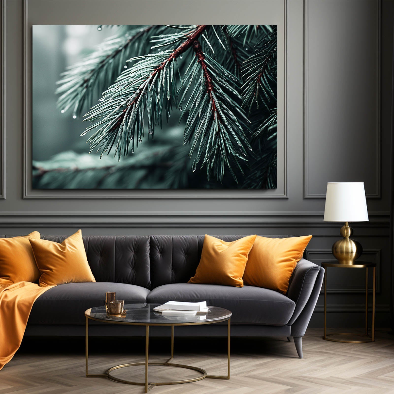 Frosted Pine Tree Photography Wall Decor – above a dark sofa with amber cushions
