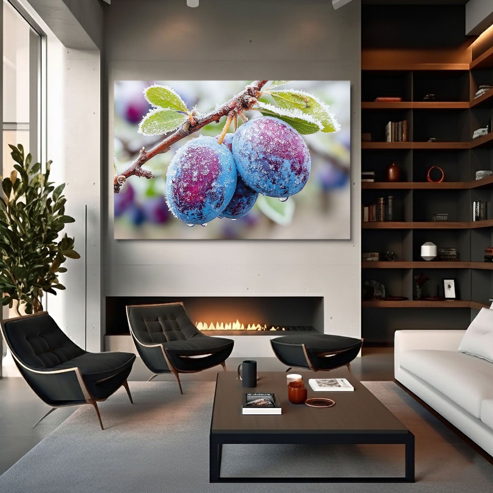 Frosted Plum Branch Fruit Art – styled in a furnished interior
