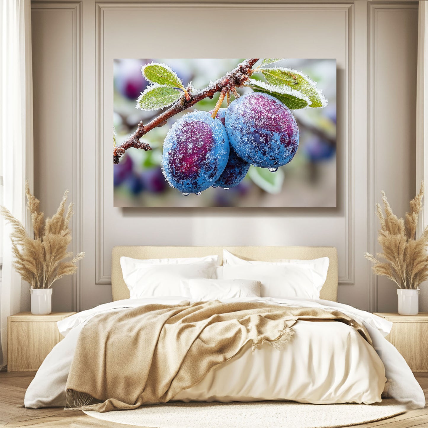 Frosted Plum Branch Fruit Art – styled in a furnished interior